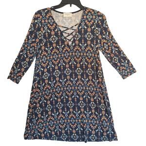 Everly Dress Sz S Navy Floral Geometric Print Boho Chic